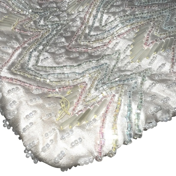 Vintage Mini Beaded Bag Cream with Pastel Beads Satin Lined 8”x5” - Picture 3 of 8